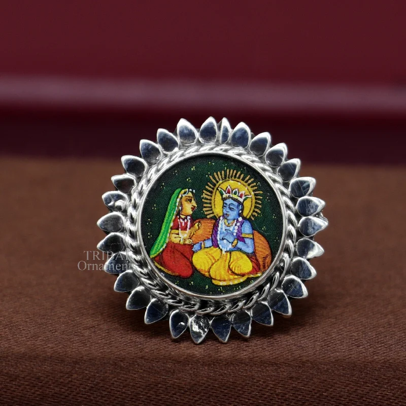 Exclusive Savings On Timeless Jewelry Pieces 925 sterling silver band fabulous Idol Radha and Krishna miniature art painting ring Stylish ethnic party functional jewelry ring507
