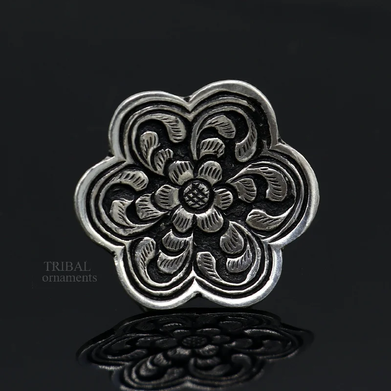 Elevate Your Outfit With Discounted Statement Jewelry 925 sterling silver handmade gorgeous flower shape adjustable ring band, unisex stylish gifting chitai work tribal ethnic jewelry ring496 Elevate Your Outfit With Discounted Statement Jewelry 925 sterling silver handmade gorgeous flower shape adjustable ring band, unisex stylish gifting chitai work tribal ethnic jewelry ring496