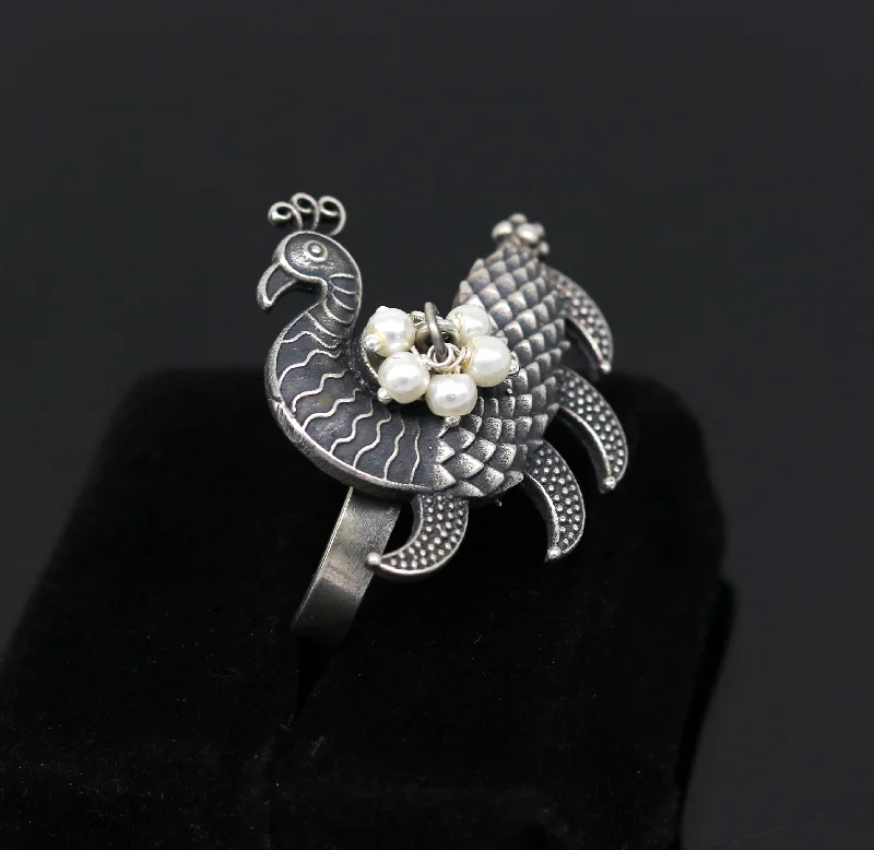 Your Perfect Accessory At The Perfect Price 925 sterling silver handmade vintage antique customized peacock style amazing pearl ring, adjustable charm ring, bridesmaid gift ring215