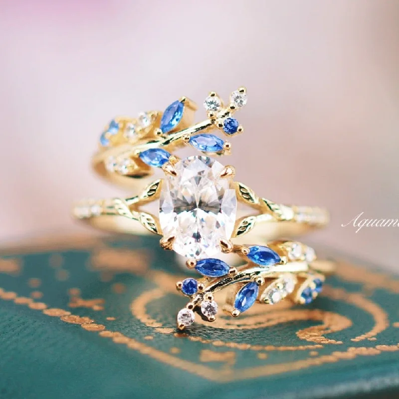 Don't Miss Out On Jaw-Dropping Jewelry Discounts Blue Sapphire & Moissanite/Diamond Leaf Engagement Ring Set- 14K Solid Yellow Gold