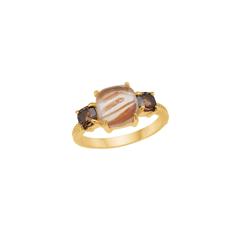 Personalized Engraved Jewelry For Meaningful Gifts 18K Gold Plated Ring w. Rutile & Smoked Quartz