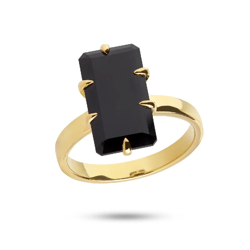 Dainty Floral Jewelry For Feminine Elegance Black 18K Gold Plated Ring w. Agate