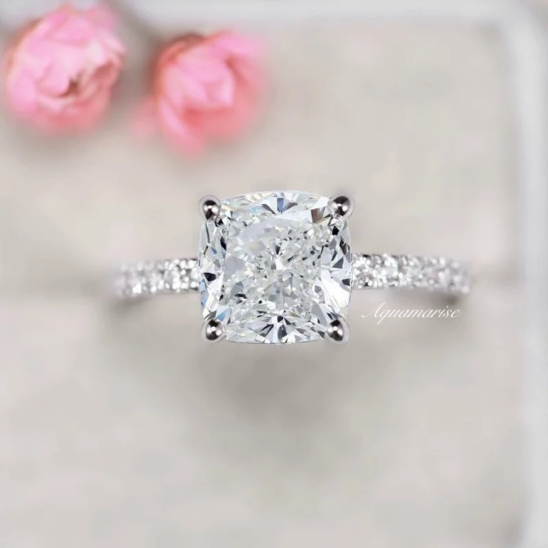 Handcrafted Beauty At Affordable Prices 3CT Cushion Cut Diamond/ Moissanite Engagement Ring- 14K White Gold