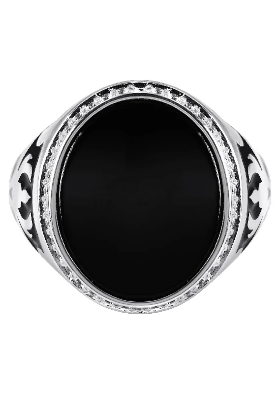 Mens Silver Round Onyx Signet Ring | Appx 7 Grams