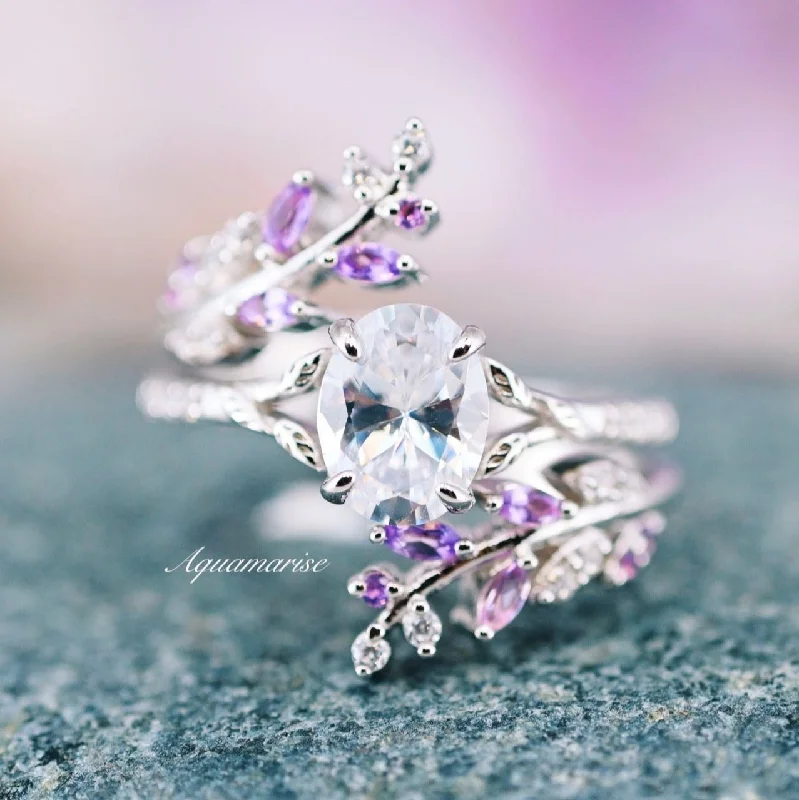 The Ultimate Jewelry Sale – Shop Premium Styles Fairy Amethyst & Moissanite/Diamond Leaf Engagement Ring Set- 14K White Gold
