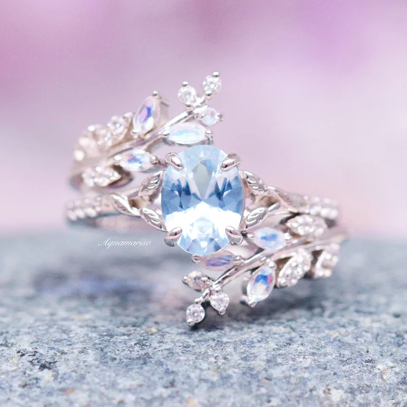 Seasonal Jewelry Sale – Upgrade Your Style Today Fairy Aquamarine, Moonstone & Moissanite Leaf Engagement Ring Set- 14K Solid White Gold Seasonal Jewelry Sale – Upgrade Your Style Today Fairy Aquamarine, Moonstone & Moissanite Leaf Engagement Ring Set- 14K Solid White Gold