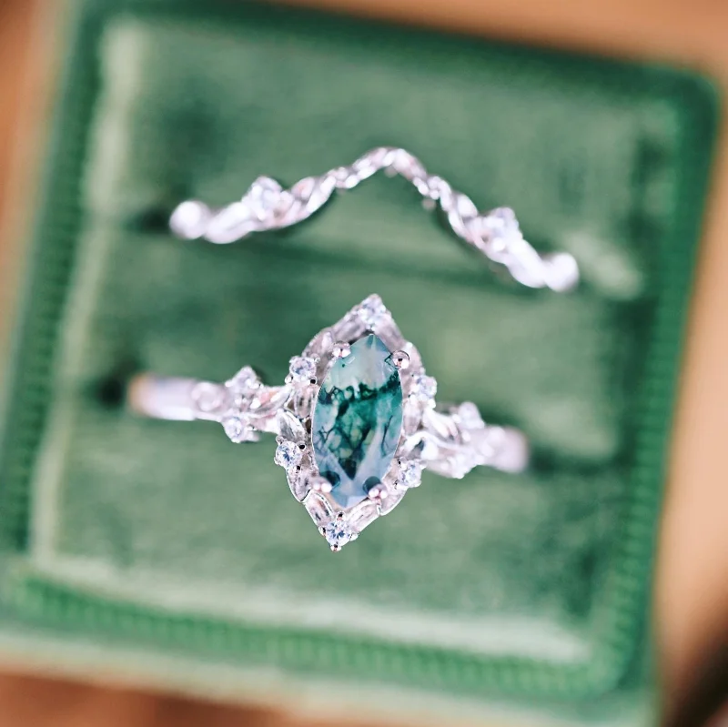 Unique Jewelry Designs Now At Discounted Rates Fairy Green Moss Agate Engagement Leaf Ring Set- 14K White Gold Unique Jewelry Designs Now At Discounted Rates Fairy Green Moss Agate Engagement Leaf Ring Set- 14K White Gold