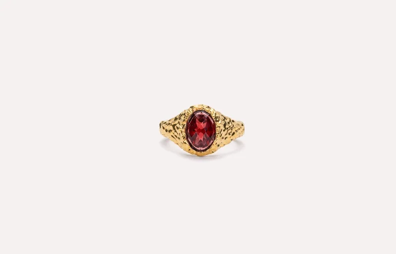 Limited-Time Offer On Premium Jewelry Collections IX Crunchy Ornate Garnet Signet Gold Plated Ring