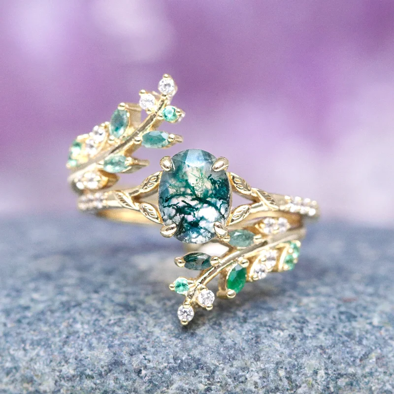 Discounted Luxury Jewelry – Shine Without The Splurge Green Moss Agate & Emerald Leaf Engagement Ring Set- 14K/ 18K Solid Yellow Gold Discounted Luxury Jewelry – Shine Without The Splurge Green Moss Agate & Emerald Leaf Engagement Ring Set- 14K/ 18K Solid Yellow Gold