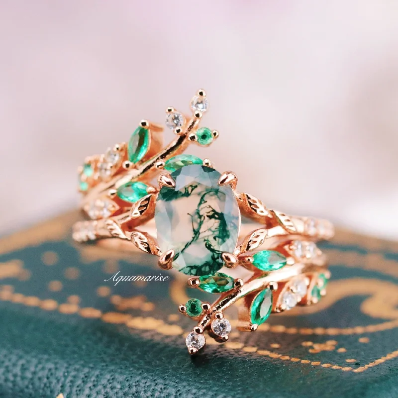 Exclusive Jewelry Markdowns – Limited-Time Offer Green Moss Agate & Emerald Leaf Engagement Ring Set- 14K/ 18K Solid Rose Gold