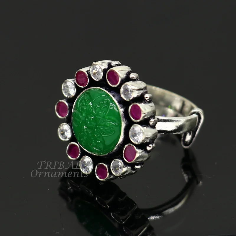 Premium Diamond Jewelry At Once-In-A-Lifetime Discounts Modern cultural fashionable green and red stone 925 sterling silver adjustable ring, best gift for her/girls, charming jewelry india sr350