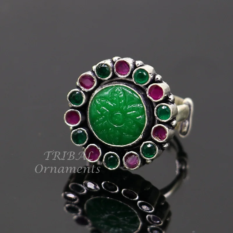 Timeless Elegance Now At Special Discounts Modern cultural fashionable green and red stone 925 sterling silver adjustable ring, best gift for her/girls, charming jewelry india sr356