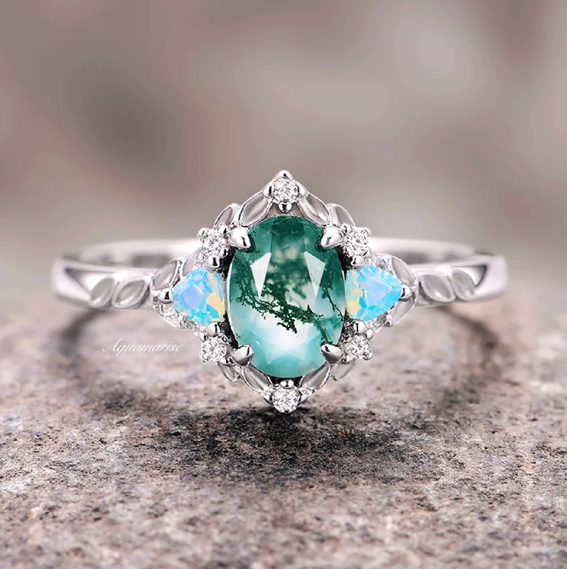 Jewelry Deals That Outshine The Rest Moss Agate & Opalescent Sapphire Ring- 14K White Gold Jewelry Deals That Outshine The Rest Moss Agate & Opalescent Sapphire Ring- 14K White Gold