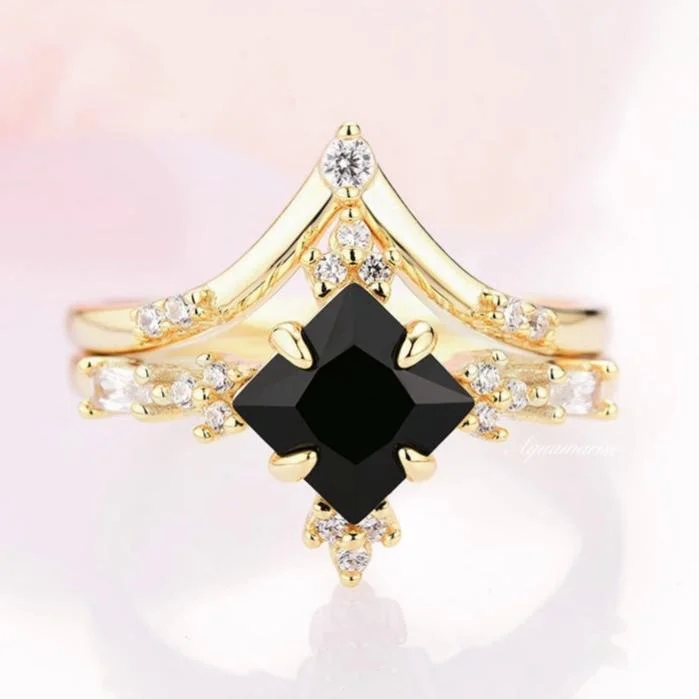 The Perfect Jewelry Piece At The Perfect Discount Princess Cut Black Onyx Engagement Ring Set- 14K/18K Solid Yellow Gold The Perfect Jewelry Piece At The Perfect Discount Princess Cut Black Onyx Engagement Ring Set- 14K/18K Solid Yellow Gold