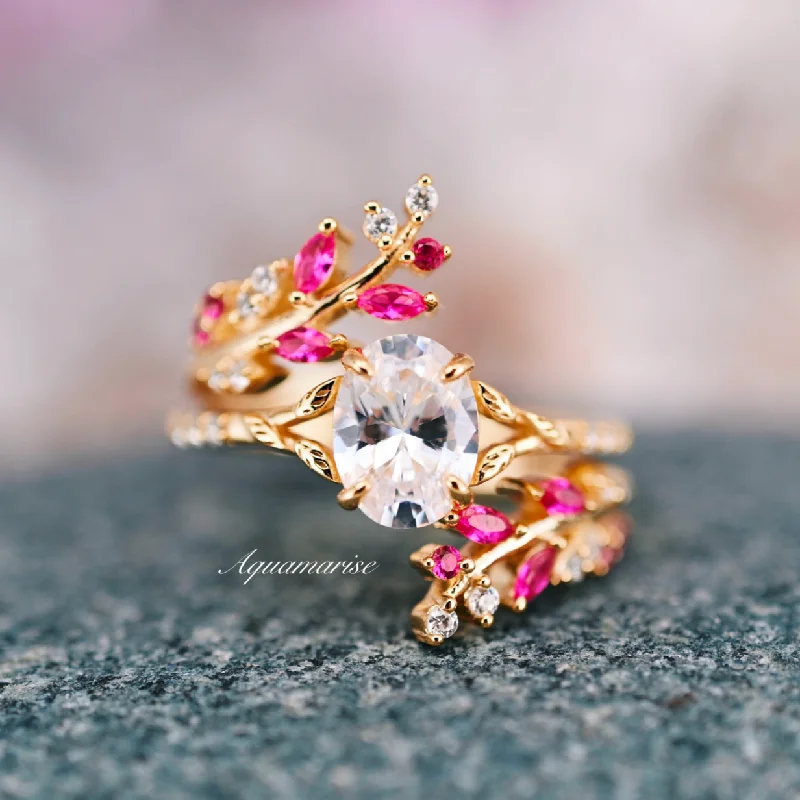 Must-Have Jewelry Pieces At Reduced Prices Ruby & Moissanite/Diamond Leaf Engagement Ring Set- 14K Solid Yellow Gold