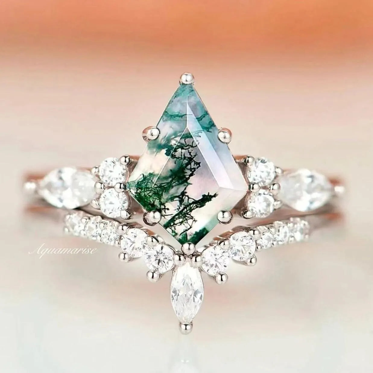 Timeless Elegance, Temporary Discounts – Act Fast Skye Kite™  Green Moss Agate Engagement Ring Set- 14K White Gold