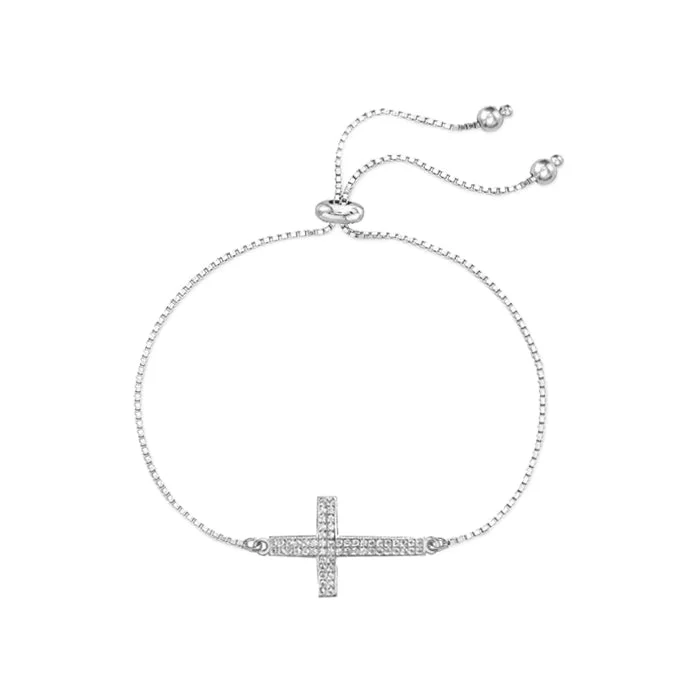 18K Gold Vermeil White Cz Sideways Cross Bracelet