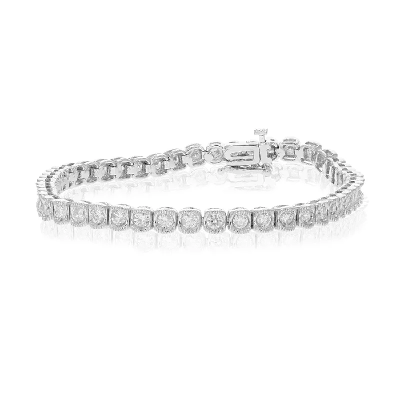 4 cttw SI2-I1 Diamond Bracelet 14K White Gold Cushion with Milgrain 7 Inch