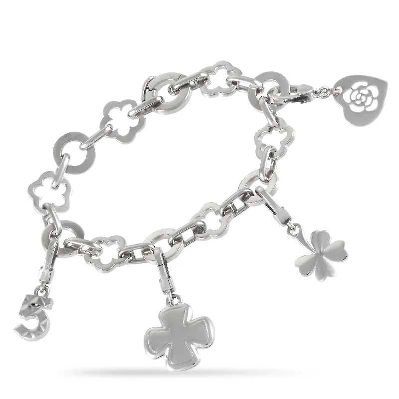 Chanel Camelia 18K White Gold Four Charm Bracelet