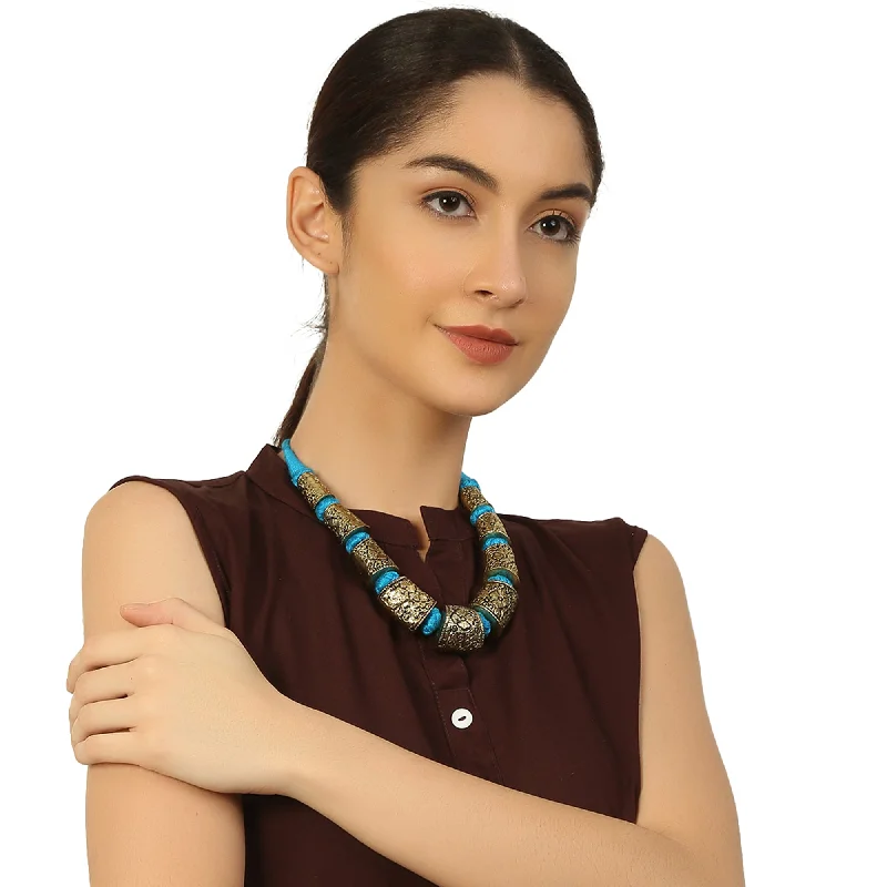 Fashion-Forward Geometric Jewelry For Contemporary Style Blue Gold Tone Handcrafted Thread Necklace by Bamboo Tree Jewels