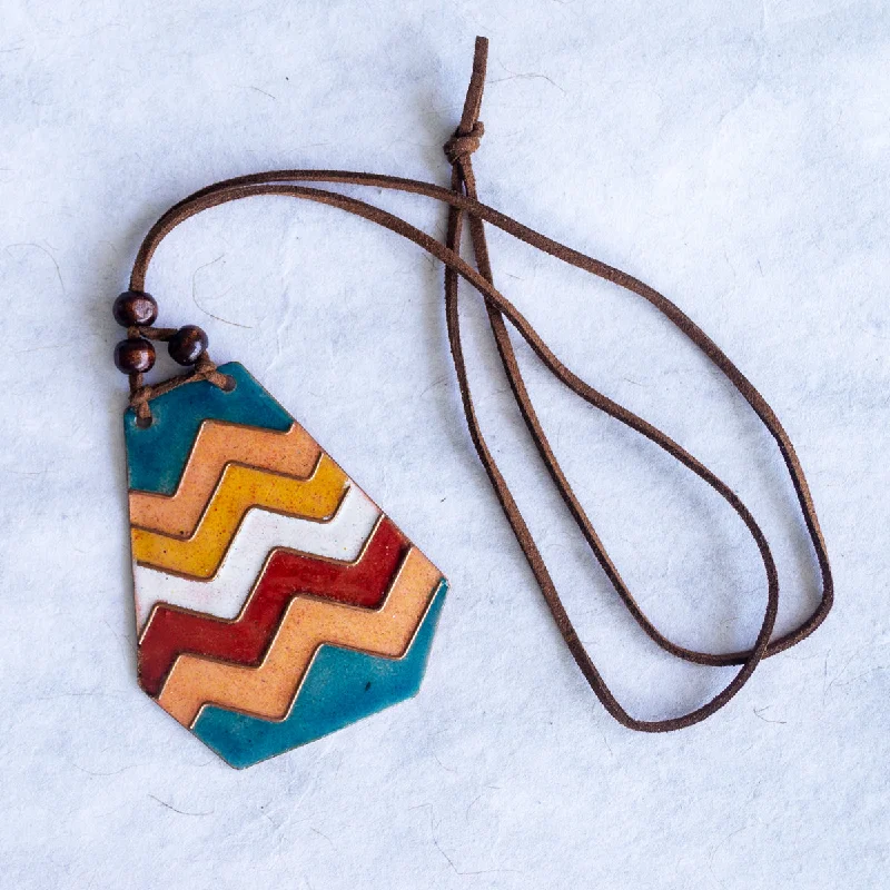 Retro Style Copper Enamel Pendent Necklace with Faux Leather String and Wooden Beads by Ekibeki