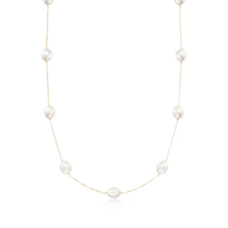 Ross-Simons 8-8.5mm Cultured Pearl Station Necklace in 14kt Yellow Gold