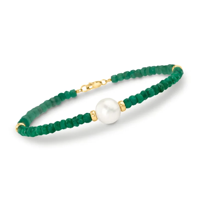 Ross-Simons Beaded Emerald Bracelet With 10mm Cultured Pearl in 14kt Yellow Gold