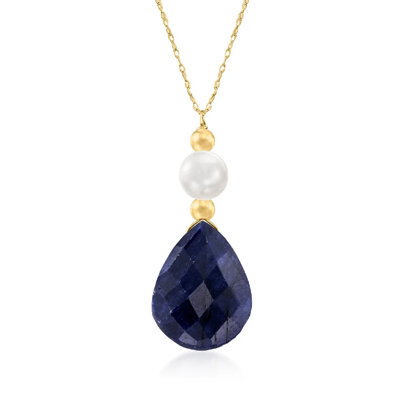 Ross-Simons Cultured Pearl and Sapphire Necklace in 14kt Yellow Gold