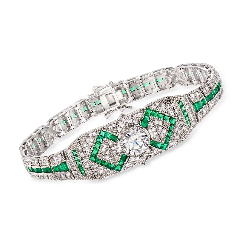 Ross-Simons CZ and Simulated Emerald Bracelet in Sterling Silver