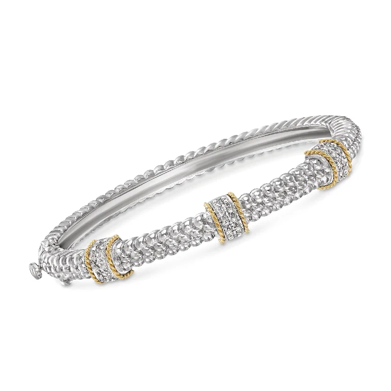 Ross-Simons Diamond Station Bangle Bracelet in Sterling Silver and 14kt Yellow Gold