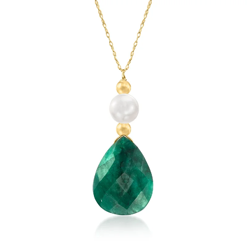 Ross-Simons Emerald and Cultured Pearl Necklace in 14kt Yellow Gold