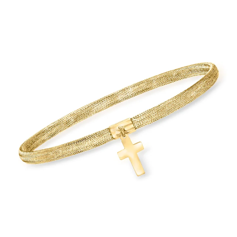 Ross-Simons Italian 14kt Yellow Gold Cross Charm Mesh Bracelet