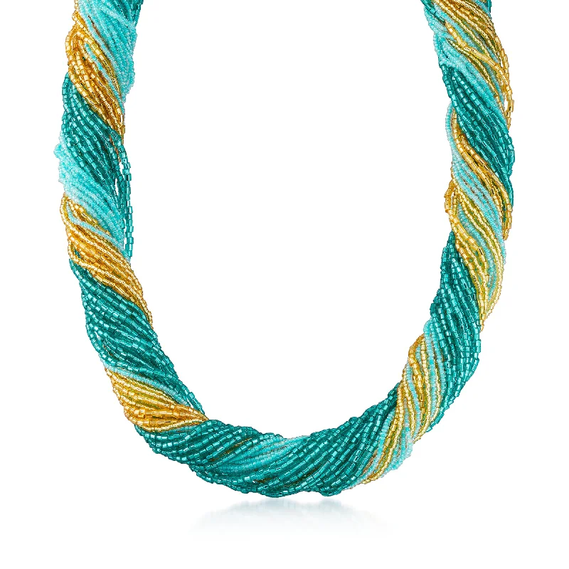 Ross-Simons Italian Aqua and Gold Murano Glass Bead Torsade Necklace With 18kt Gold Over Sterling