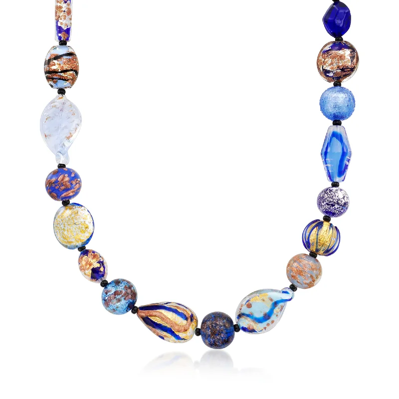 Ross-Simons Italian Blue Murano Glass Bead Necklace in 18kt Gold Over Sterling