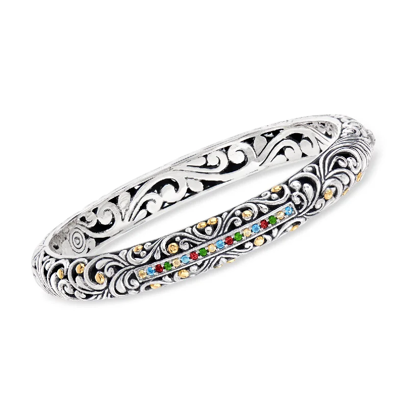 Ross-Simons Multi-Gemstone Bali-Style Bangle Bracelet in Sterling Silver With 18kt Gold