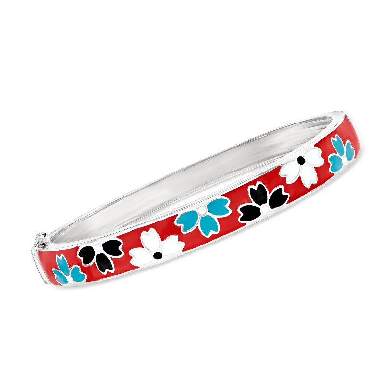 Ross-Simons Multicolored Enamel Floral Bangle Bracelet in Sterling Silver