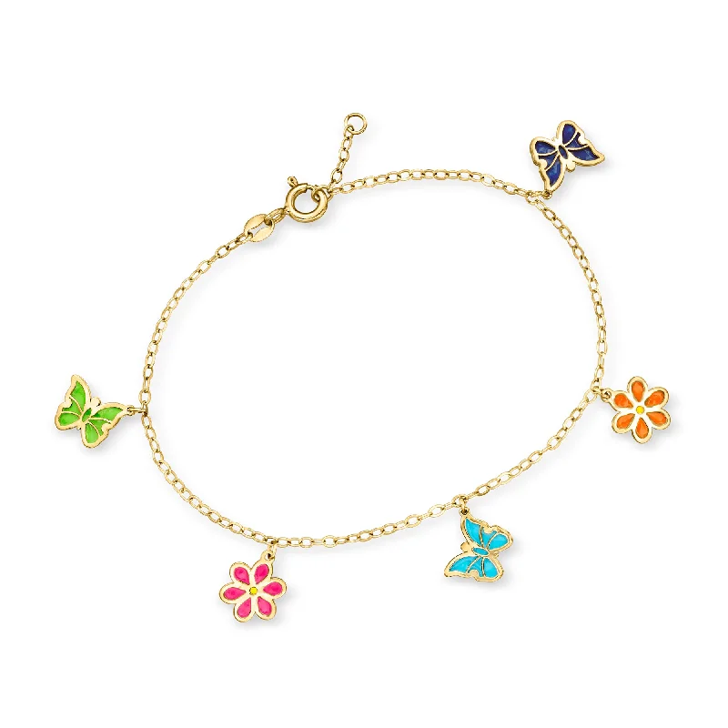 RS Pure by Ross-Simons Italian Multicolored Enamel Butterfly and Flower Charm Bracelet in 14kt Yellow Gold