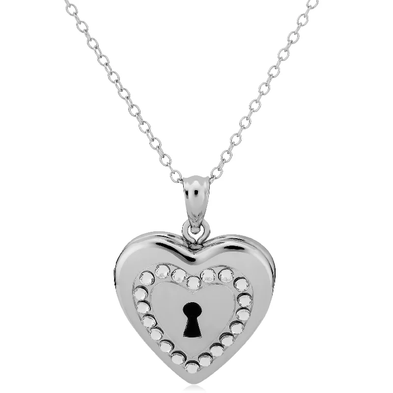 Sterling Silver With Crystals Keyhole Heart Locket Pendant Necklace (18 inch)