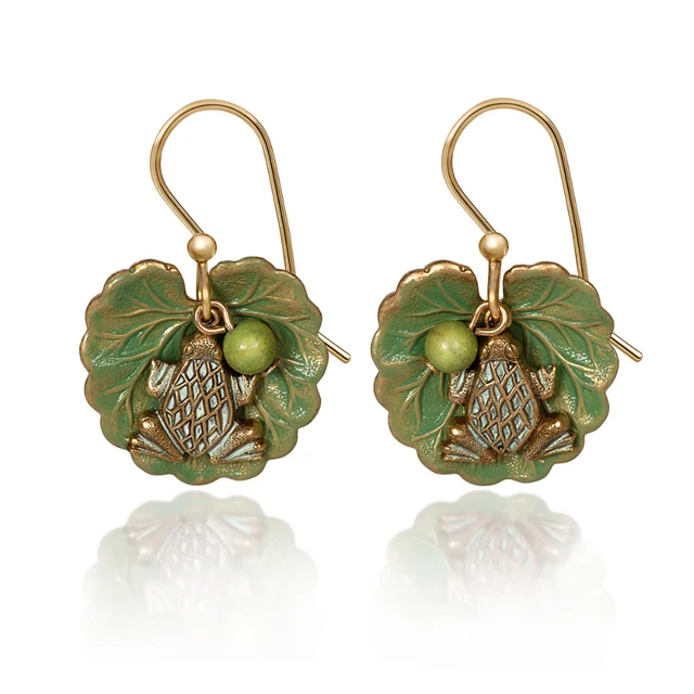Delicate Crystal Jewelry For Sophisticated Charm Silver Forest Earrings Green Frog on Leaf with Bead Gold Drop