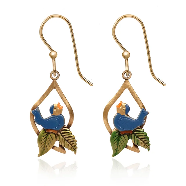 Unique Jewelry For Less – Shop The Sale Now Silver Forest Earrings Blue Bird on Green Leaves in Open Tree Drop