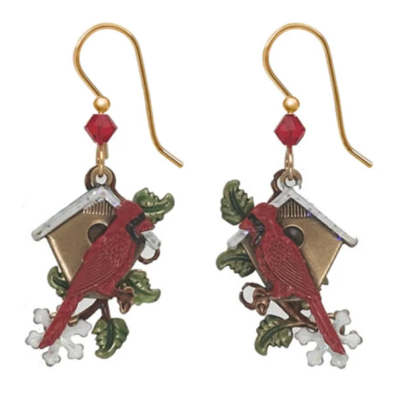 Exclusive Jewelry Offers – Shine For Less Silver Forest Earrings Cardinal with Birdhouse and Red Bead