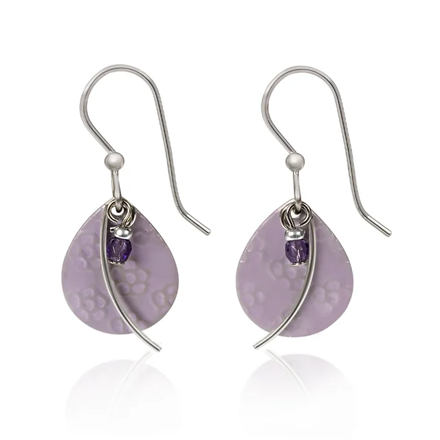 Your Perfect Accessory At The Perfect Price Silver Forest Earrings Curvy Silver on Purple Oval with Purple Bead Drop
