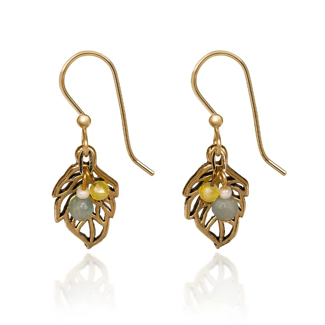Make Your Outfit Shine With Discounted Jewelry Silver Forest Earrings Gold Open Leaf with Bead Cascade Drop