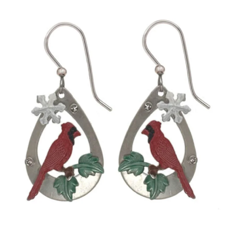 Huge Savings On Timeless Jewelry Collections Silver Forest Earrings Red Cardinal Bird in Oval with Crystal and Snowflake