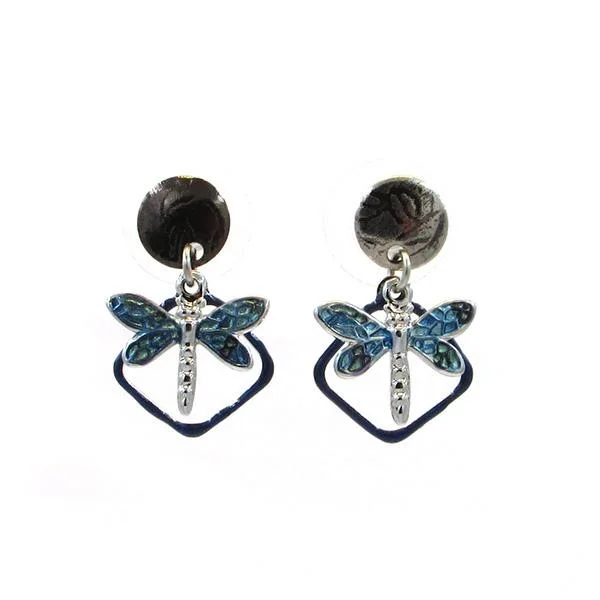 Glamorous Jewelry, Glamorous Deals – Shop Now Silver Forest Earrings Silver Black with Blue Dragonfly on Open Diamond