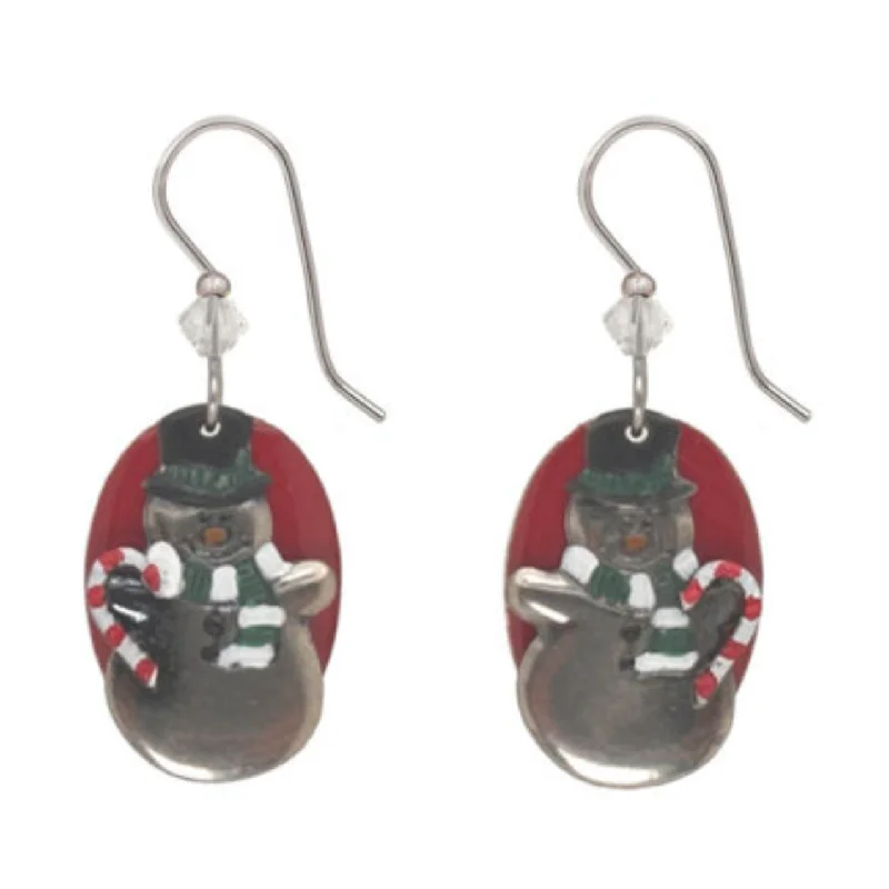 Handcrafted Jewelry Sale – Unique Designs At Low Prices Silver Forest Earrings Snowman with Candy Cane on Red Teardrop