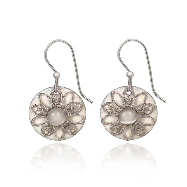 Affordable Gold-Plated Jewelry For Modern Fashion Silver Forest Earrings White Filigree Flower on Round Disc
