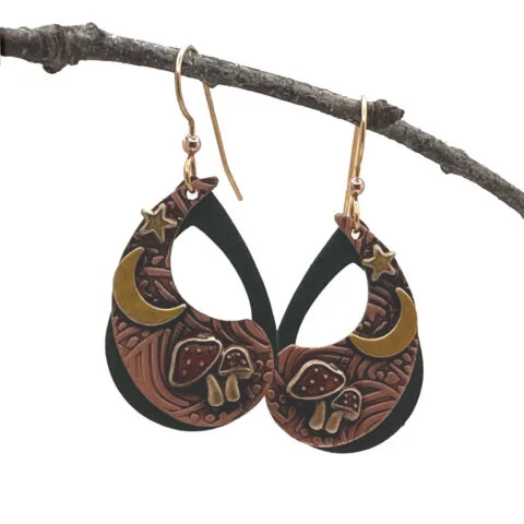 Elevate Your Outfit With Discounted Statement Jewelry Silver Forest Mushrooms in Night Sky Pierced Earrings