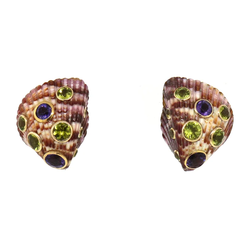 Personalized Jewelry At Special Discount Rates Trianon 14k Yellow Gold Sea Shell Amethyst and Peridot Clip-0n Earrings