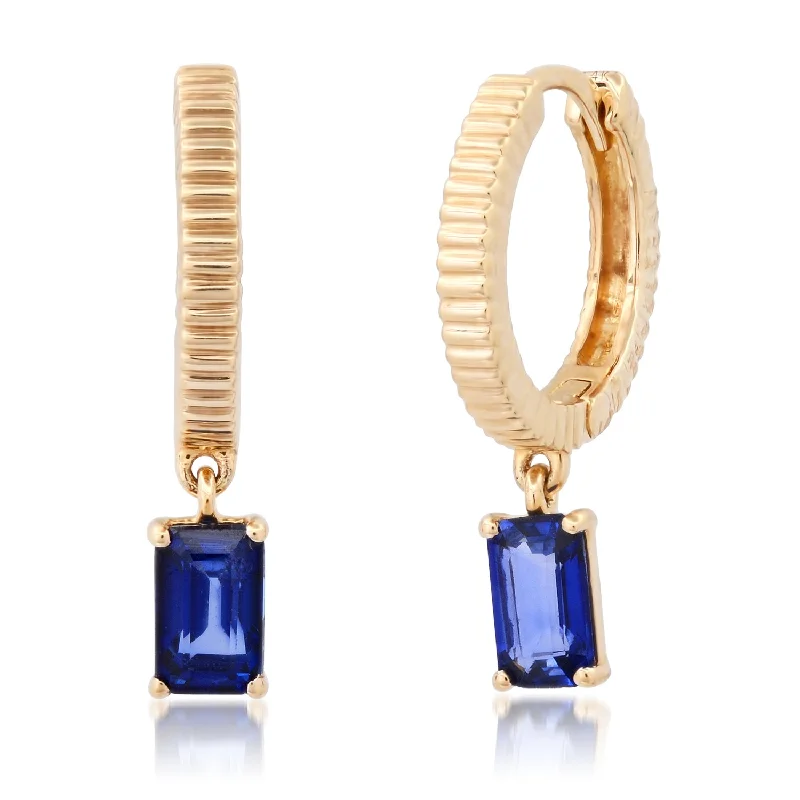 Elevate Your Outfit With Discounted Statement Jewelry Fluted Huggie Earrings with Emerald Cut Sapphire Drop